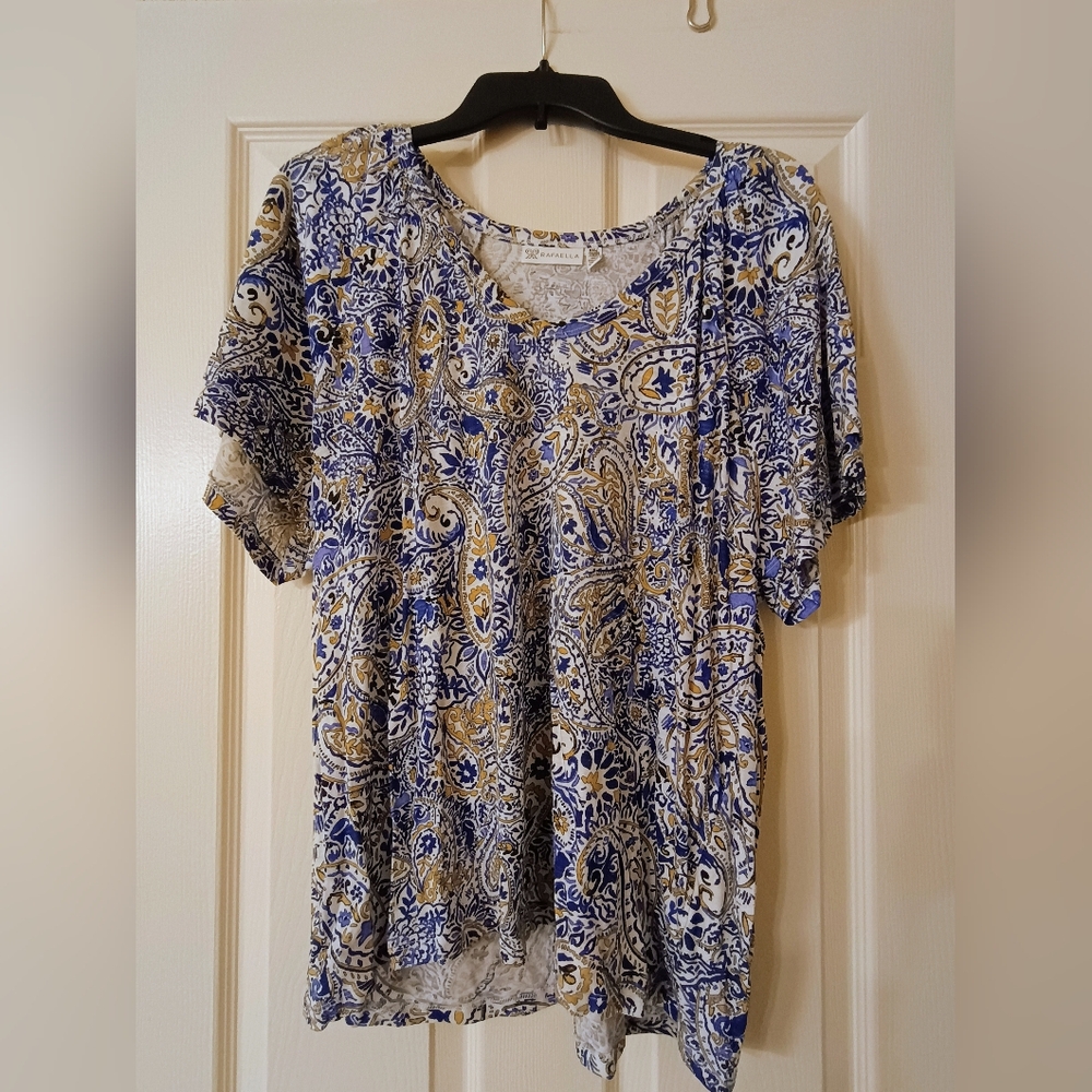Rafaella Blue and Gold Paisley Short Sleeve Top Size XXL